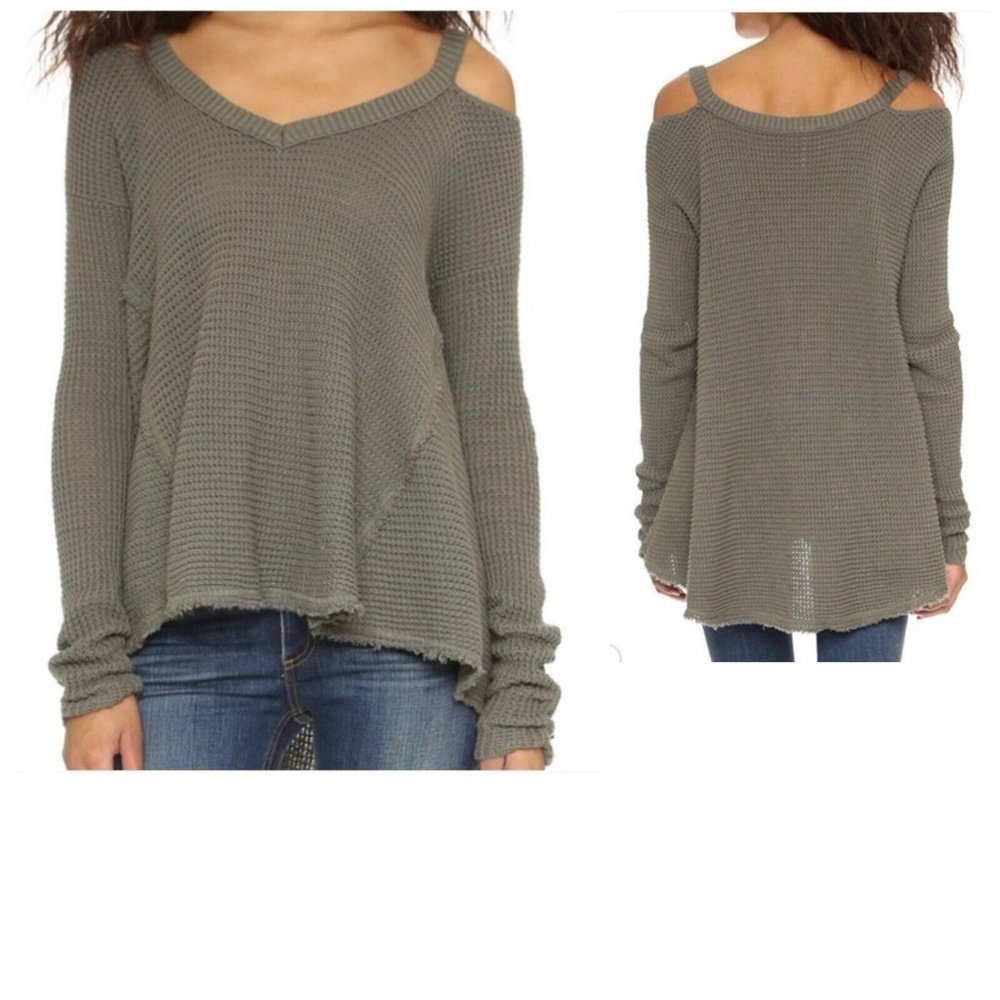 Free People Womens Green Knitted V Neck Sweater Off Shoulder Size‎ Small